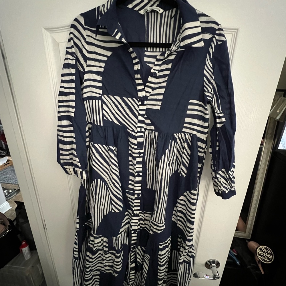 Zara Navy and White Striped Print Dress